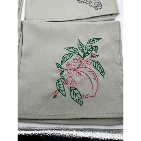 4 Hand Embroidery Table Napkins Fruit Theme Peach Cherry Grape Pear Kitchen - Picture 5 of 6